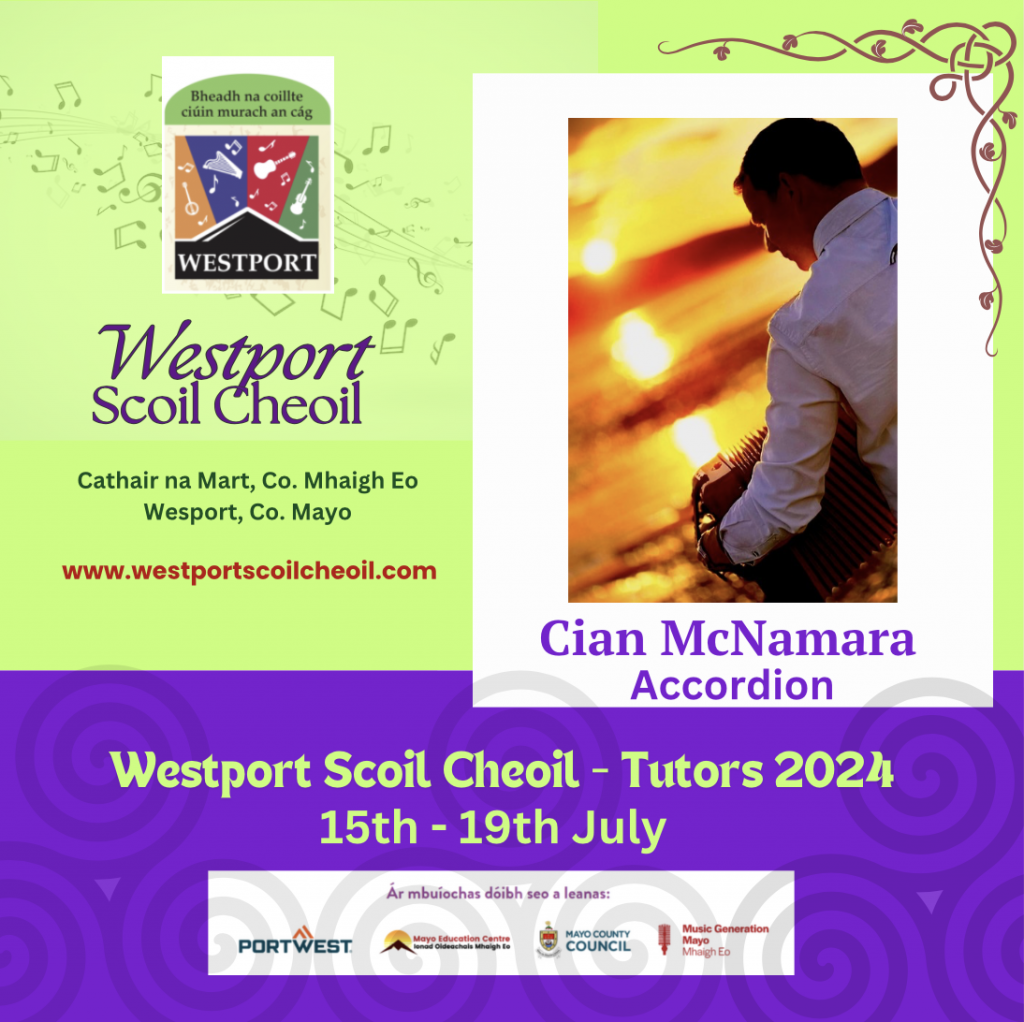 Cian McNamara was born and raised on Achill Island, Co. Mayo. He began playing music and singing when he was eight years of age at the local music school, Scoil Acla, where he is now a tutor and is the current vice-chairperson on the committee. He graduated from the Irish World Academy at the University of Limerick in 2017 with a BA in Irish Traditional Music. This experience afforded him the opportunity to perform alongside many internationally renowned musicians including the late Micheál Ó Súilleabháin, The Chieftains, Finbar Furey, The High Kings and the RTE Concert Orchestra, among others. He has performed at internationally-recognised venues such as Dublin Castle, Croke Park, the TF Royal Theatre and The University Concert Hall, Limerick. He is a founding member of the Pipers Cross Céilí Band and The Achill Lads and has performed throughout Ireland, U.K., Europe and the USA.