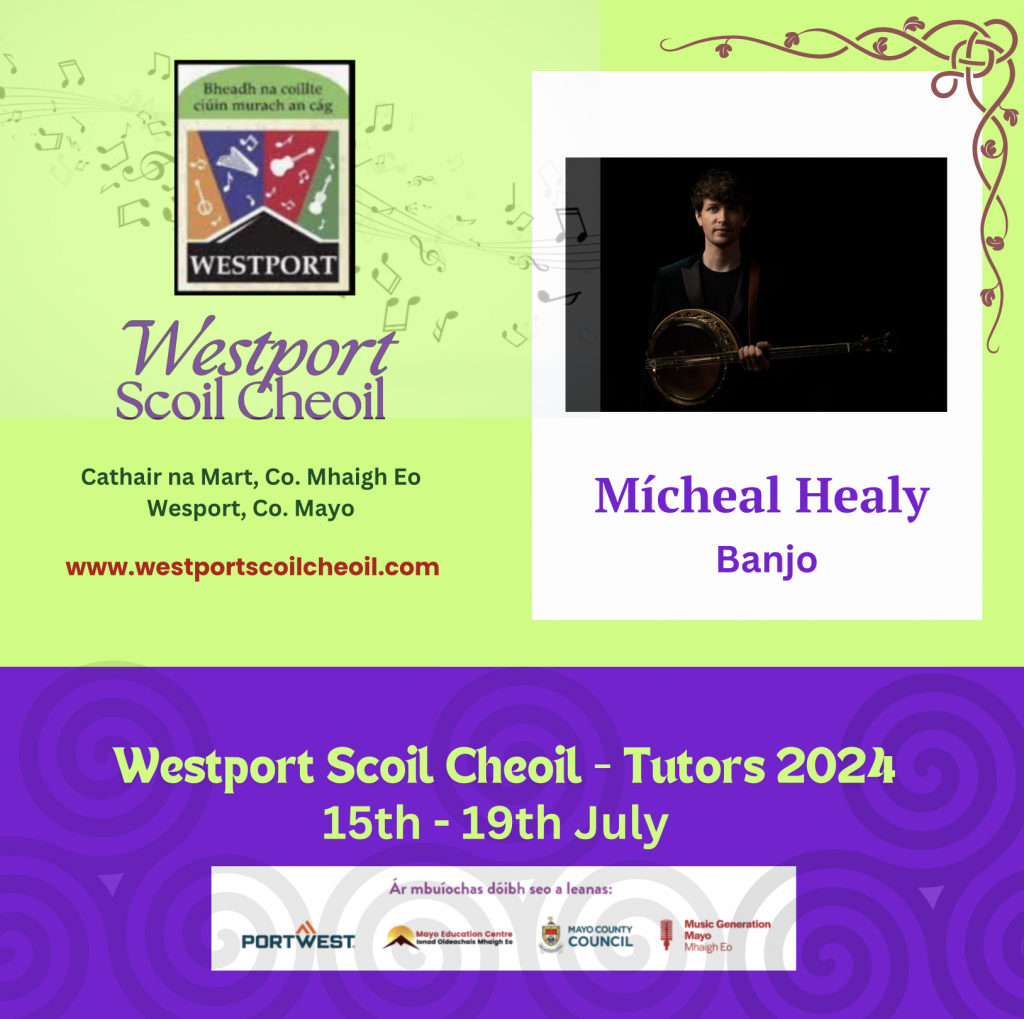 Mícheál Healy is now established as one of the finest young exponents of Irish Banjo. Hailing from Castlebar, Co. Mayo, Mícheál grew up in a family steeped in traditional Irish music. From a very young age, he gained his love for music from his siblings, Sinéad, Dara and Gráinne. Having quickly excelled on banjo, he mastered multiple other instruments including mandolin, guitar, piano, bodhrán, drums and cajon and has a plethora of All Ireland titles to his name. Alongside his love for traditional Irish music, Mícheál developed an appreciation for classical music, singing and Irish dancing. He spent many years of his childhood taking examinations on the piano with the Royal Irish Academy of Music and he holds a Teaching Diploma from the Victoria College of Music, London. Mícheál also regularly competed at provincial level as an Irish dancer in both solo and group competitions. His virtuosic musical talents are displayed on his debut solo album, released in 2012 at just nineteen years old, entitled Pleckin’ About with the renowned Steve Cooney on guitar. The album showcases Mick’s creative talents as a composer, having penned many of the tracks himself and his production skills at the desk are also creatively displayed on the album. He is much sought after as a teacher and performer both at home and abroad, having played in many stage productions including ‘The Legend of Gráinne Mhaol’. Mícheál is also no stranger to the television, having featured in many televised productions including RTÉ’s ‘The Fleadh Cheoil’ and ‘Saturday Night with Miriam’. Mícheál currently tours with the band Boxing Banjo.